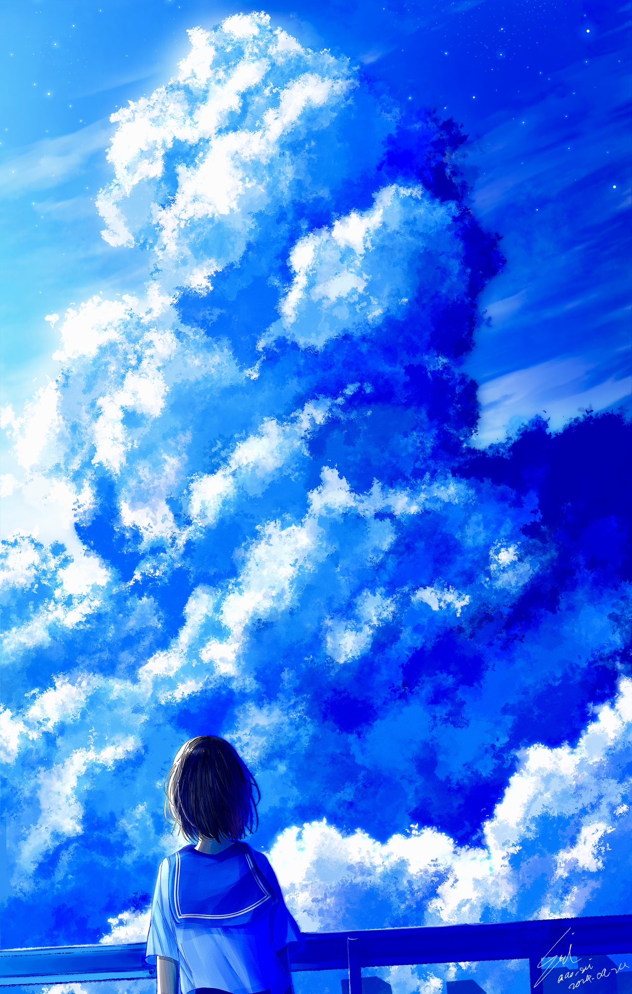 1girl arms_at_sides black_hair blue_sailor_collar blue_sky blue_theme clouds cloudy_sky commentary_request cumulonimbus_cloud dated facing_ahead from_behind highres original railing sailor_collar scenery school_uniform sei_ao shirt short_hair short_sleeves signature sky solo upper_body white_shirt