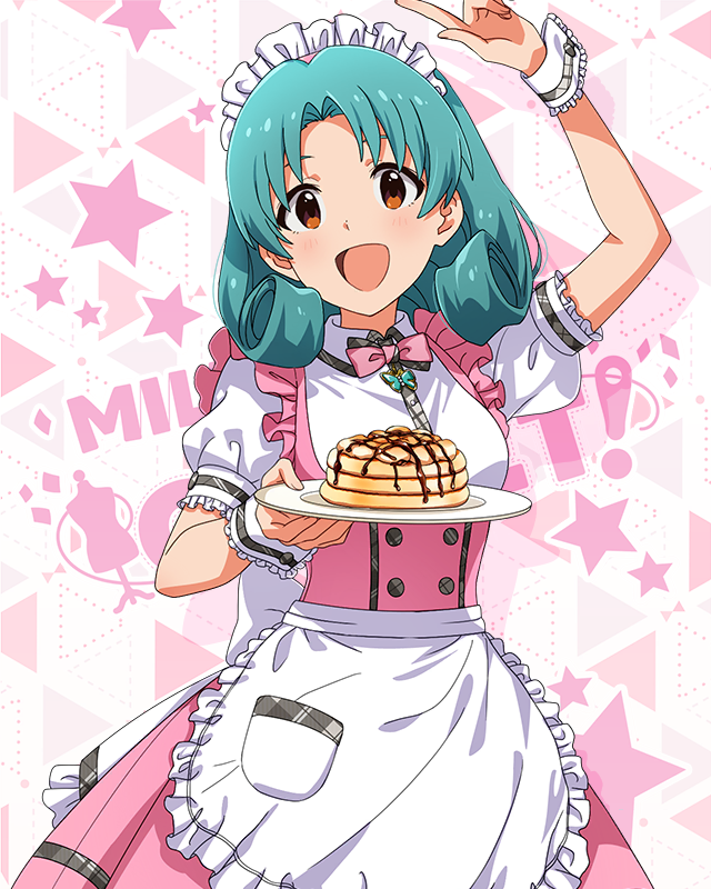 1girl :d apron bow bowtie breasts brown_eyes butterfly_ornament chocolate_syrup curly_hair dot_nose dress food forehead frilled_apron frilled_skirt frills grey_hair holding holding_plate idolmaster idolmaster_million_live! idolmaster_million_live!_theater_days maid_headdress marshmallow medium_breasts official_alternate_costume official_art open_mouth pancake pancake_stack parted_bangs pink_bow pink_bowtie pink_dress plate pointing pointing_up pretty_waitress_(idolmaster) puffy_short_sleeves puffy_sleeves roasted_marshmallow shirt short_hair short_sleeves sidelocks skirt smile solo standing starry_background straight-on thigh-highs tokugawa_matsuri upper_body waist_apron waitress white_apron white_shirt white_thighhighs wrist_cuffs