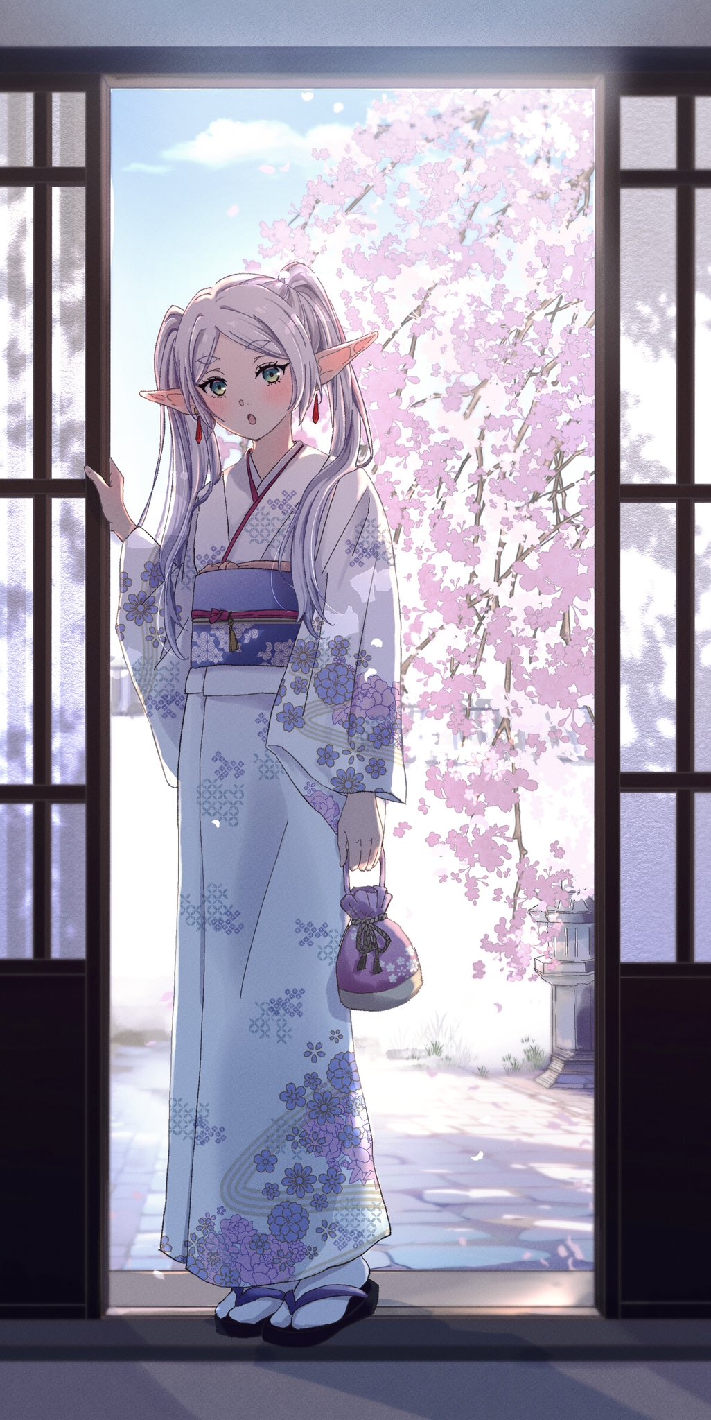 1girl :o architecture bag blue_sky blush cherry_blossoms clouds commentary east_asian_architecture elf english_commentary eyelashes floral_print frieren full_body green_eyes highres hikimayu holding holding_bag japanese_clothes kimono long_hair long_sleeves looking_at_viewer obi obijime omichi_1219 open_mouth opening_door parted_bangs pink_bag pointy_ears purple_sash sandals sash short_eyebrows shouji sky sliding_doors socks solo sousou_no_frieren standing stone_floor stone_lantern tabi teardrop_earrings thick_eyebrows twintails white_hair white_kimono white_socks zouri