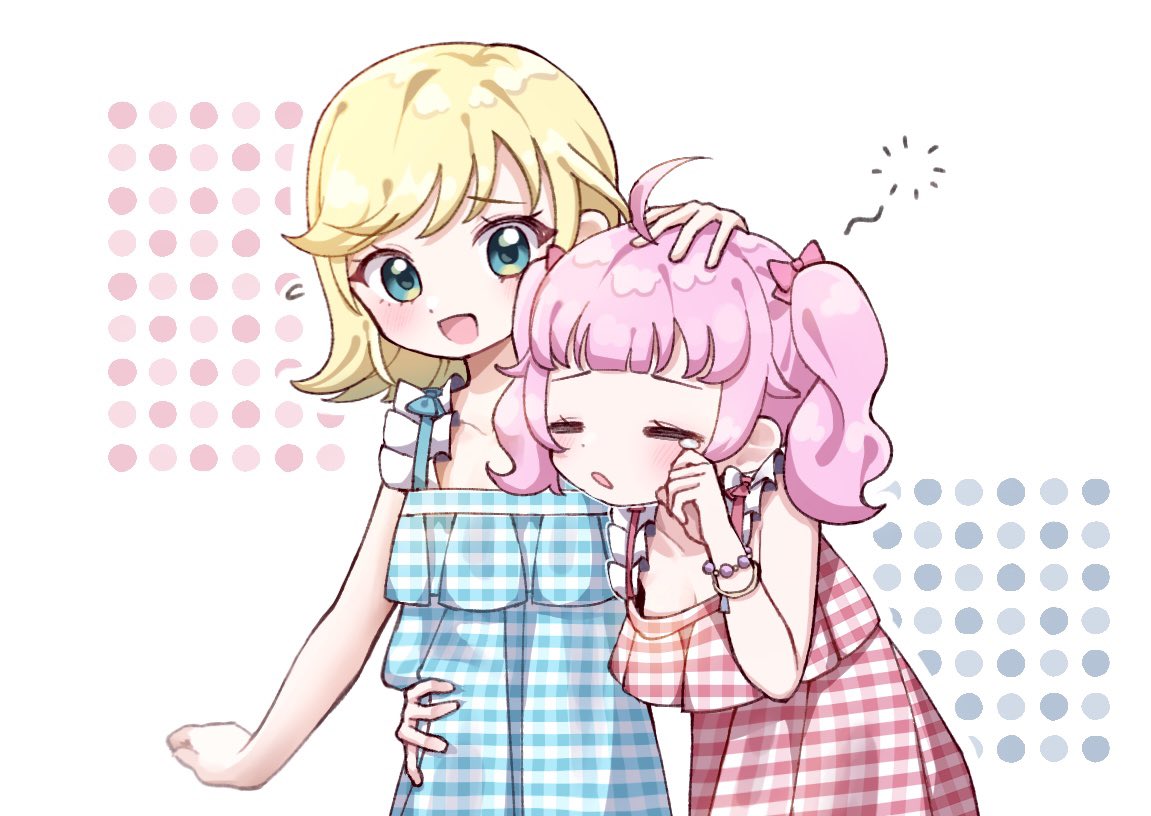 2girls :d :o =_= ahoge aozora_himari bare_shoulders blonde_hair blue_dress blue_eyes blunt_bangs bow bracelet closed_eyes commentary_request dress flying_sweatdrops hair_bow hand_on_another's_head hand_on_another's_waist hand_up headpat himitsu_no_aipri hoshikawa_mitsuki jewelry leaning_forward looking_at_another multiple_girls open_mouth pink_bow pink_hair plaid plaid_dress pq_(pq_owo) pretty_series rubbing_eyes short_hair sleepy sleeveless sleeveless_dress smile squeans tears twintails upper_body