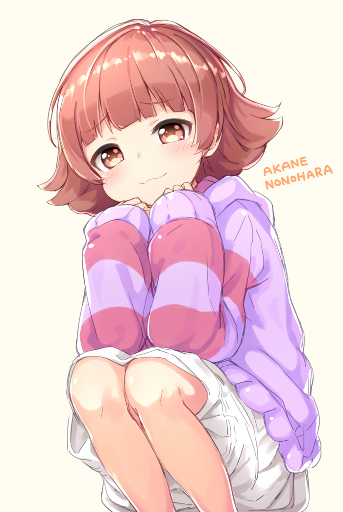 1girl :3 blunt_bangs blush character_name commentary_request elbows_on_knees feet_out_of_frame from_below furrowed_brow grey_background hands_up hood hood_down hoodie idolmaster idolmaster_million_live! knees kuresuku_(lessons) looking_at_viewer looking_down nonohara_akane purple_hoodie raised_eyebrows red_eyes red_stripes redhead short_hair simple_background skirt sleeves_past_wrists smile solo squatting striped_sleeves thick_eyelashes three_quarter_view white_skirt