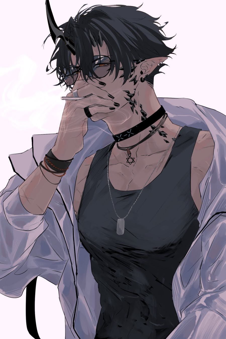 1boy arknights backlighting black_nails black_tank_top bracelet chimi_(s8s8_bb) cigarette commentary demon_boy demon_horns dog_tags earrings flamebringer_(arknights) flamebringer_(casual_vacation)_(arknights) highres holding holding_cigarette horns infection_monitor_(arknights) jacket jewelry male_focus material_growth multiple_bracelets multiple_rings nail_polish necklace oripathy_lesion_(arknights) pointy_ears ring smoking solo tank_top toned toned_male white_jacket