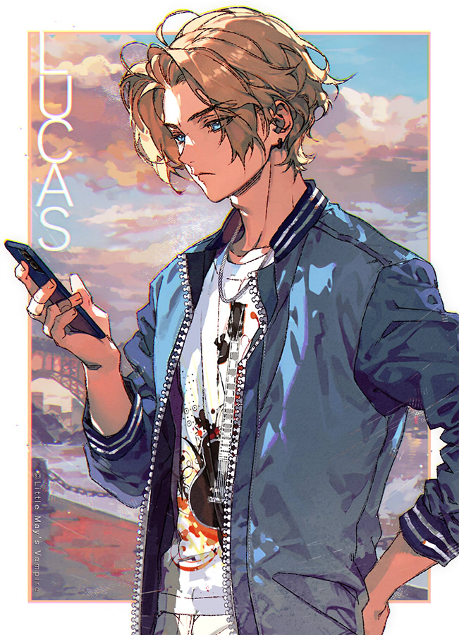 1boy arm_up bishounen blonde_hair blue_eyes blue_sky cellphone character_name closed_mouth clouds cloudy_sky collared_jacket ear_piercing english_text expressionless from_side hand_on_own_hip holding holding_phone jacket jewelry kawacy light_blue_jacket light_frown male_focus necklace open_clothes open_jacket original parted_bangs phone piercing print_shirt shirt sky sleeves_rolled_up smartphone solo upper_body vampire white_shirt zipper