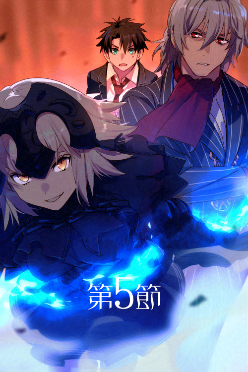 1girl 2boys antonio_salieri_(fate) antonio_salieri_(second_ascension)_(fate) black_cape black_hair black_jacket blue_eyes blue_fire cape chain collared_shirt commentary_request echo_(circa) fate/grand_order fate_(series) fire fujimaru_ritsuka_(male) grey_hair grin hair_between_eyes headpiece jacket jeanne_d'arc_alter_(avenger)_(fate) jeanne_d'arc_alter_(avenger)_(first_ascension)_(fate) jeanne_d'arc_alter_(fate) looking_at_viewer multiple_boys necktie official_alternate_costume open_clothes open_jacket pale_skin pointy_hair red_eyes red_necktie school_uniform shirt short_hair smile suit sweatdrop white_shirt yellow_eyes
