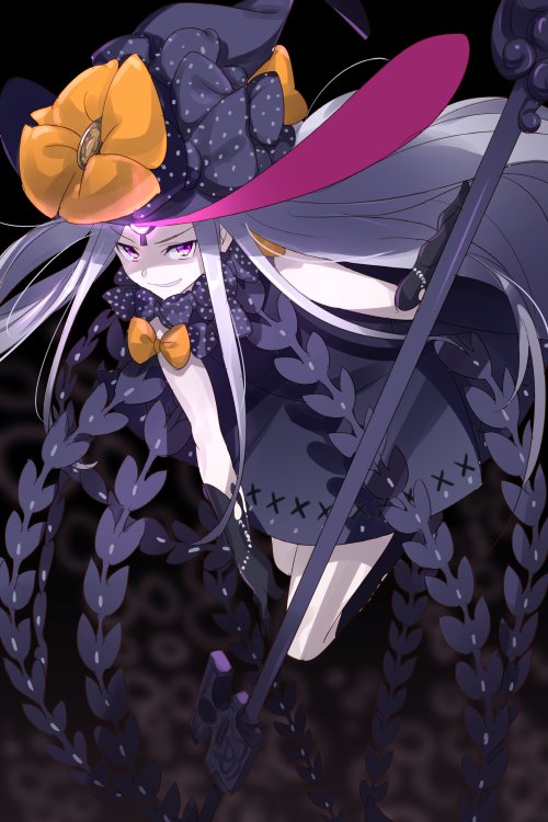 1girl abigail_williams_(fate) abigail_williams_(third_ascension)_(fate) bare_shoulders black_bow black_dress black_hat blush bow breasts colored_skin dress echo_(circa) fate/grand_order fate_(series) forehead grin hair_bow hat key keyhole long_hair looking_at_viewer orange_bow parted_bangs small_breasts smile staff third_eye violet_eyes white_hair white_skin witch_hat