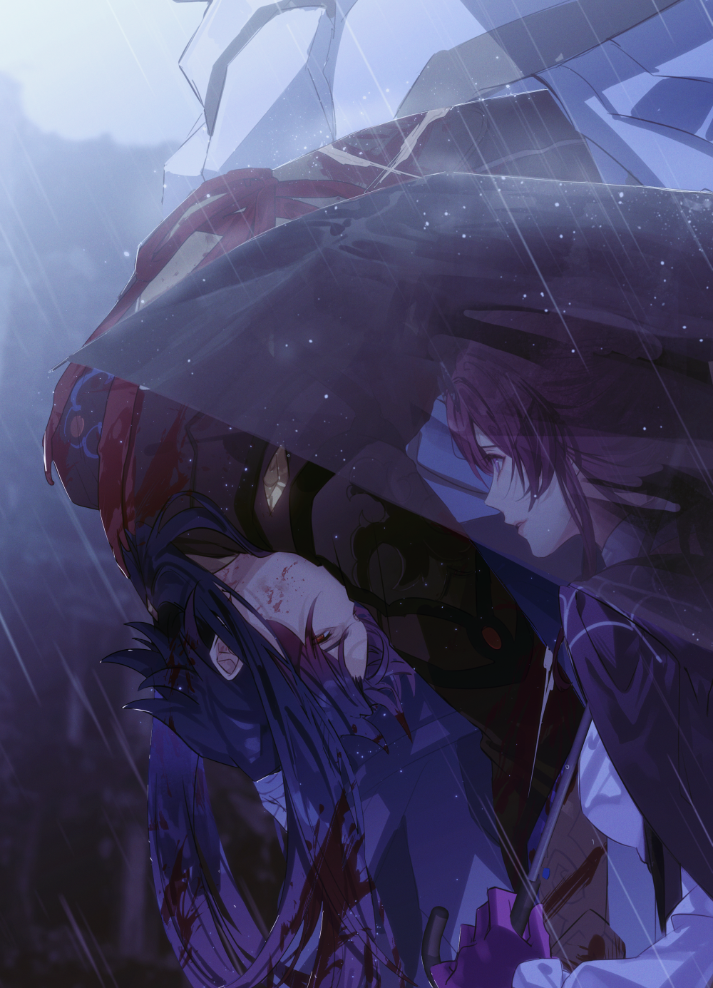 1boy 1girl 1other armor bandaged_hand bandages blade_(honkai:_star_rail) blood blood_in_hair blood_on_face blue_hair carrying carrying_under_arm chinese_clothes dutch_angle gloves highres holding holding_umbrella honkai:_star_rail honkai_(series) jacket jacket_on_shoulders kafka_(honkai:_star_rail) lipstick long_sleeves makeup outdoors parted_bangs parted_lips purple_gloves purple_hair rain red_eyes sam_(honkai:_star_rail) shirt sidelocks transparent transparent_umbrella umbrella violet_eyes white_shirt zassyoku_dd