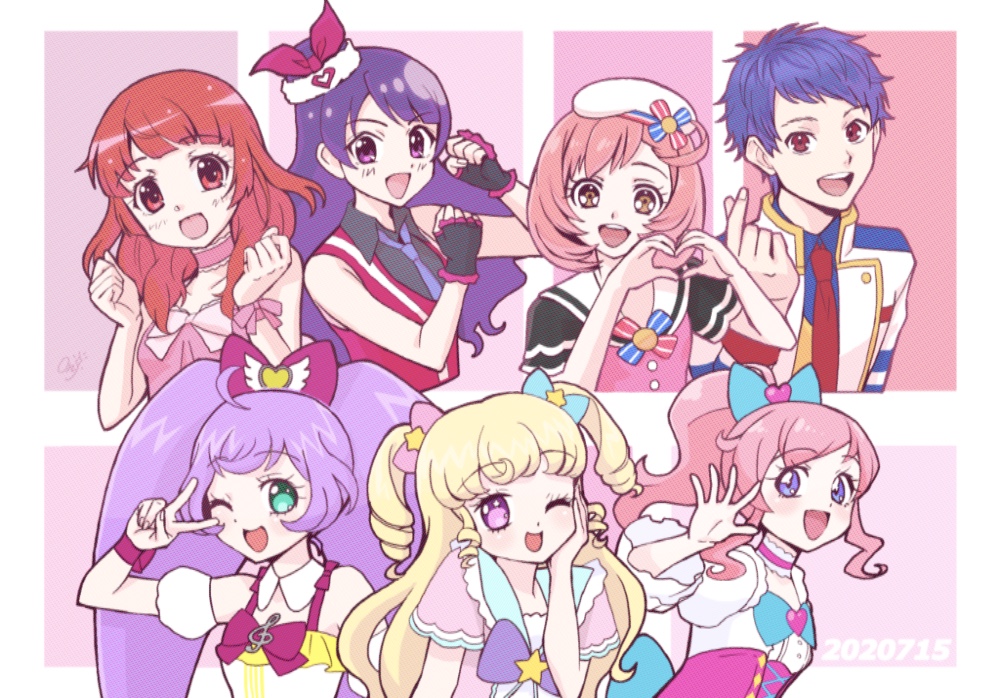 1boy 6+girls :d ;d ageha_mia ahoge ayase_naru bad_id bad_twitter_id bare_shoulders blonde_hair blue_eyes blue_hair bow brown_eyes cropped_torso detached_sleeves green_eyes hair_bow hand_on_own_cheek hand_on_own_face hands_up harune_aira hat ichijou_shin idol_clothes idol_time_pripara in-franchise_crossover kashikoma! king_of_prism kiratto_pri_chan long_hair looking_at_viewer manaka_laala mdr_onj1807 momoyama_mirai multiple_girls one_eye_closed open_mouth pink_bow pink_hair ponytail pretty_rhythm pretty_rhythm_aurora_dream pretty_rhythm_dear_my_future pretty_rhythm_rainbow_live pretty_series pripara puffy_detached_sleeves puffy_sleeves purple_hair red_eyes redhead ringlets sailor_collar short_hair sidelocks smile treble_clef twintails two_side_up upper_body v v_over_eye violet_eyes yumekawa_yui