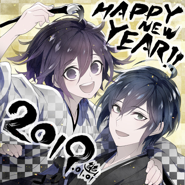 2019 2boys adapted_costume ahoge alternate_costume arm_around_neck black_jacket black_kimono black_sleeves blue_hair calligraphy_brush checkered_background checkered_haori checkered_sleeves commentary_request danganronpa_(series) danganronpa_v3:_killing_harmony dated eyelashes fingernails green_eyes hair_between_eyes hand_on_another's_shoulder happy happy_new_year holding holding_calligraphy_brush holding_paintbrush jacket japanese_clothes kimono light_particles long_sleeves looking_at_viewer male_focus multicolored_clothes multicolored_jacket multiple_boys oma_kokichi open_mouth paintbrush purple_hair saihara_shuichi short_hair signature simple_background smile teeth two-tone_jacket two-tone_sleeves u_u_ki_u_u unmoving_pattern upper_body upper_teeth_only violet_eyes white_jacket white_kimono white_sleeves wide_sleeves yellow_background yukata