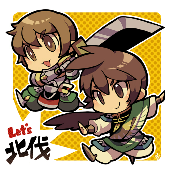 2boys :3 border brown_eyes brown_hair chibi chibi_only chinese_text english_text full_body green_pants holding holding_sword holding_weapon jiang_wei kotorai long_hair multiple_boys no_nose open_mouth outstretched_arms pants running shin_sangoku_musou smile spread_arms sword translation_request weapon white_border white_pants xiahou_ba