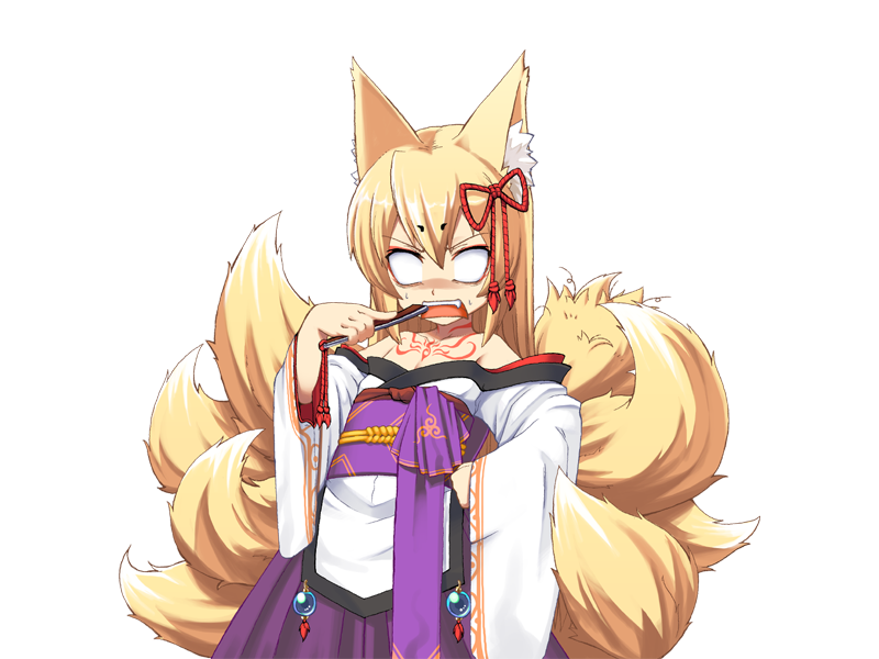 1girl animal_ear_fluff animal_ears bare_shoulders blank_eyes blonde_hair bmp-to-png_conversion chest_tattoo cowboy_shot eyeshadow fang folding_fan fox_ears fox_girl fox_tail game_cg gloom_(expression) hair_between_eyes hakama hakama_skirt hand_fan hand_on_own_hip holding holding_fan injury japanese_clothes jingai_modoki kimono kitsune lolibaba long_hair looking_at_viewer makeup mon-musu_quest! monster_girl multiple_tails neck_tattoo nervous_sweating non-web_source obi purple_hakama purple_sash red_eyeshadow sash simple_background skirt solo sweat tail tamamo_(mon-musu_quest!) tattoo teeth transparent_background upper_teeth_only white_kimono wide_sleeves