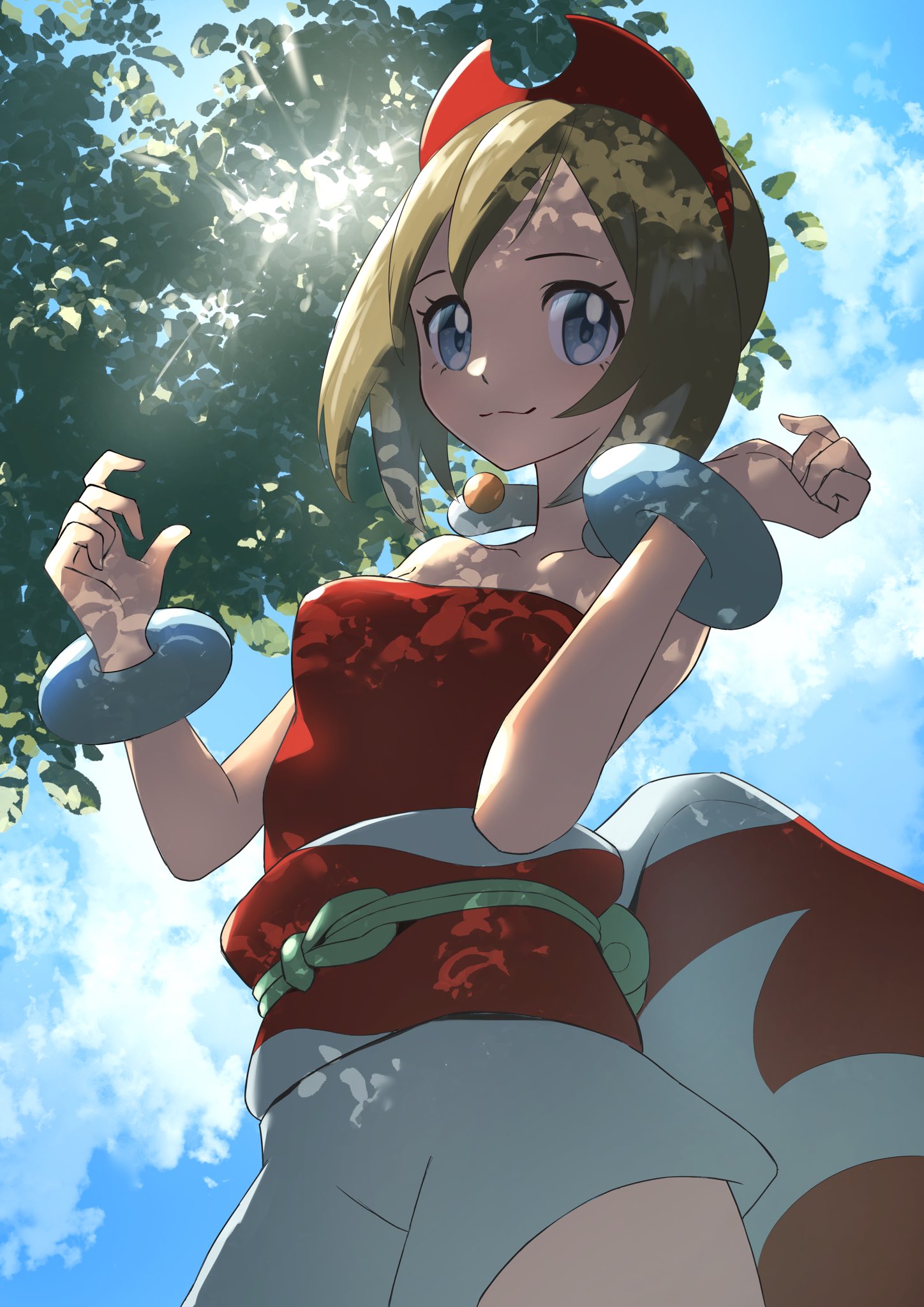 1girl blonde_hair blue_eyes blue_sky closed_mouth clouds commentary_request eyelashes from_below highres irida_(pokemon) looking_at_viewer medium_hair mikan_(mikan_no_happa) pokemon pokemon_legends:_arceus red_shirt shirt shorts sky smile solo strapless strapless_shirt sunlight white_shorts