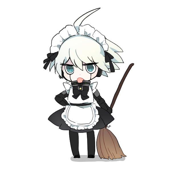 1boy ahoge alternate_costume android apron bad_id bad_twitter_id black_bow black_bowtie black_dress black_footwear black_pantyhose black_sleeves blue_eyes bow bowtie broom commentary_request crossdressing dalrye_v3 danganronpa_(series) danganronpa_v3:_killing_harmony deformed dress enmaided frilled_apron frills full_body hair_between_eyes hair_bow hand_on_own_hip holding holding_broom k1-b0 korean_commentary looking_at_viewer maid maid_headdress male_focus open_mouth pantyhose pleated_skirt shadow shoes short_dress short_hair short_sleeves signature simple_background skirt solo white_apron white_background white_hair white_headdress