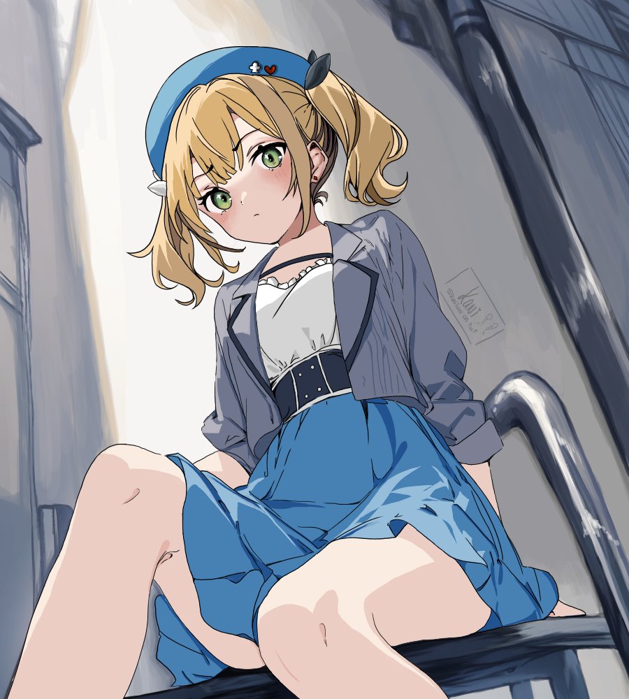 1girl alternate_costume black_bow blonde_hair blue_hat blue_skirt blush bow breasts chest_strap closed_mouth club_(shape) commentary dokibird_(vtuber) dot_nose double-parted_bangs earrings english_commentary feet_out_of_frame frilled_shirt frills from_below furrowed_brow green_eyes grey_jacket hair_bow heart indie_virtual_youtuber jacket jewelry kaniluvv knees lapels looking_at_viewer looking_down medium_breasts medium_hair notched_lapels open_clothes open_jacket shirt short_twintails sidelocks single_earring sitting skirt sleeves_past_elbows sleeves_rolled_up solo tearing_up thick_eyelashes thighs twintails underbust virtual_youtuber white_bow white_shirt