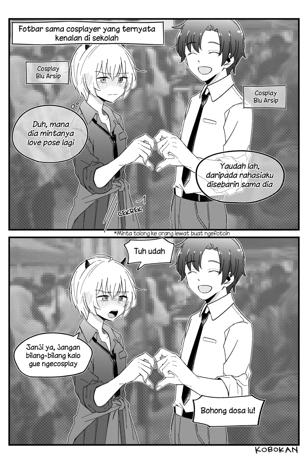 1boy 1girl artist_name blue_archive blush closed_eyes clothes_around_waist commentary cosplay erika_(blue_archive) erika_(blue_archive)_(cosplay) greyscale heart heart_hands heart_hands_duo highres horns indonesian_commentary indonesian_text jacket jacket_around_waist kurokobokan monochrome necktie original sensei_(blue_archive) sleeves_rolled_up speech_bubble translation_request