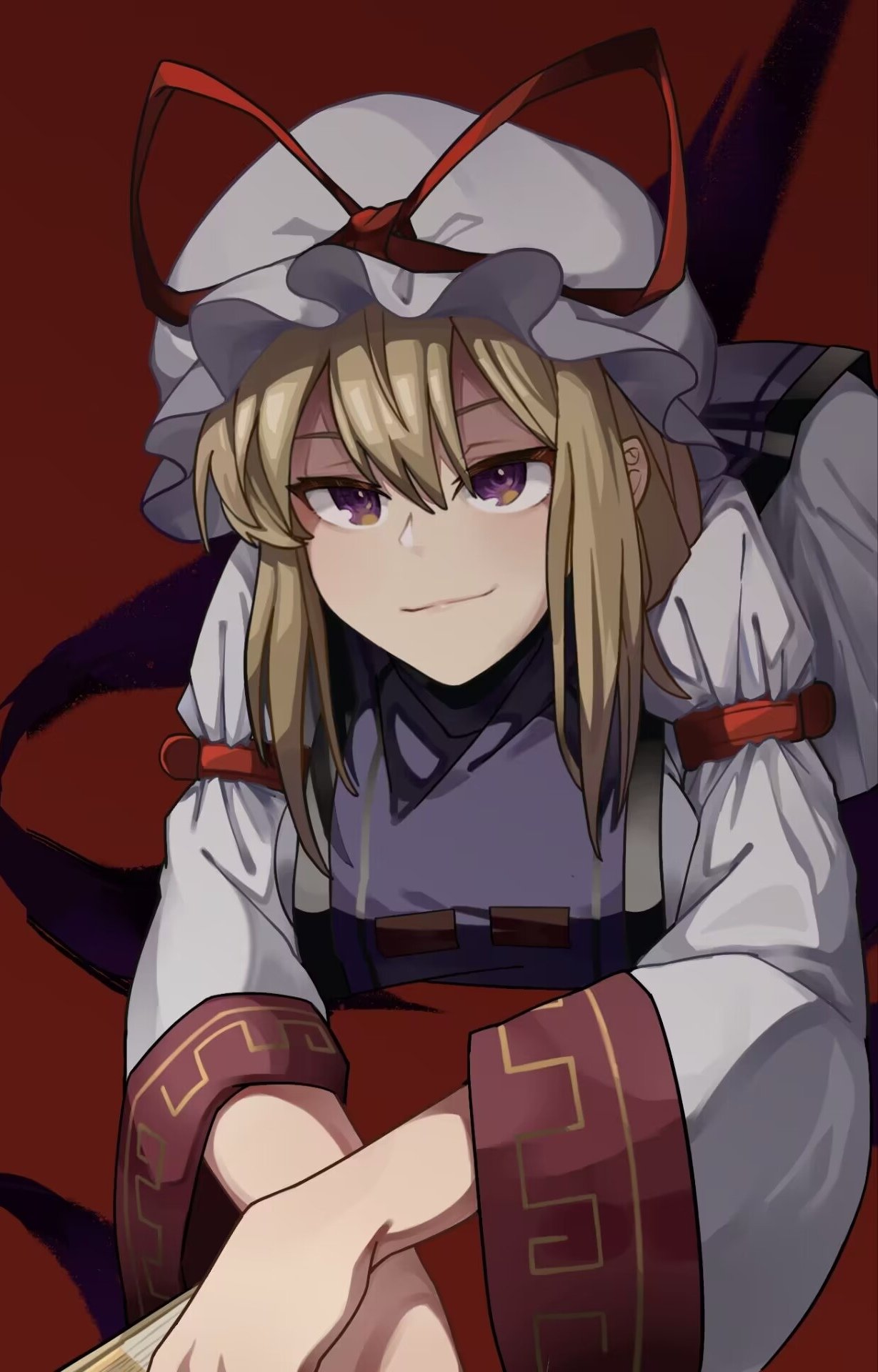 1girl blonde_hair breasts closed_mouth commentary_request dress gap_(touhou) hat hat_ribbon highres juliet_sleeves leaning_forward long_hair long_sleeves medium_breasts mob_cap onionmay puffy_sleeves purple_tabard red_background red_ribbon ribbon sidelocks simple_background smile smirk solo tabard touhou violet_eyes white_dress white_hat wide_sleeves yakumo_yukari