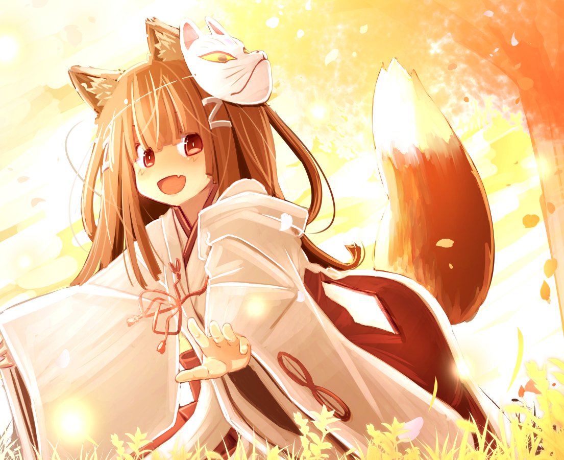 1girl :d animal_ear_fluff animal_ears brown_hair commentary_request fang fox_ears fox_girl fox_mask fox_tail fujisaki_yuu hair_ornament hakama hakama_skirt hip_vent japanese_clothes kimono long_hair long_sleeves looking_at_viewer mask mask_on_head original outdoors outstretched_arms red_eyes red_hakama skirt smile solo sunset tail tree very_long_hair white_kimono wide_sleeves