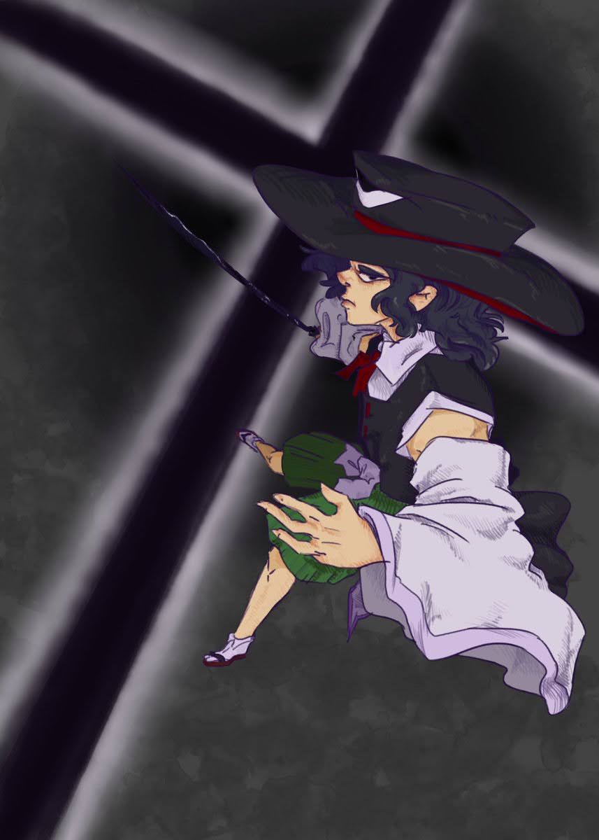 1other androgynous bare_shoulders black_eyes black_hair black_hat black_vest blurry blurry_background closed_mouth collared_shirt detached_sleeves enraku_tsubakura expressionless eye_of_senri flying from_side full_body green_hakama grey_background hakama hakama_short_skirt hakama_skirt hat highres holding holding_sword holding_weapon japanese_clothes len'en lips long_sleeves looking_at_viewer medium_hair neck_ribbon non-web_source other_focus red_footwear red_ribbon ribbon sandals shirt skirt sleeveless sleeveless_shirt socks solo source_request spell sword tabi top_hat vest weapon white_shirt white_sleeves white_socks wide_sleeves wodkanna zouri