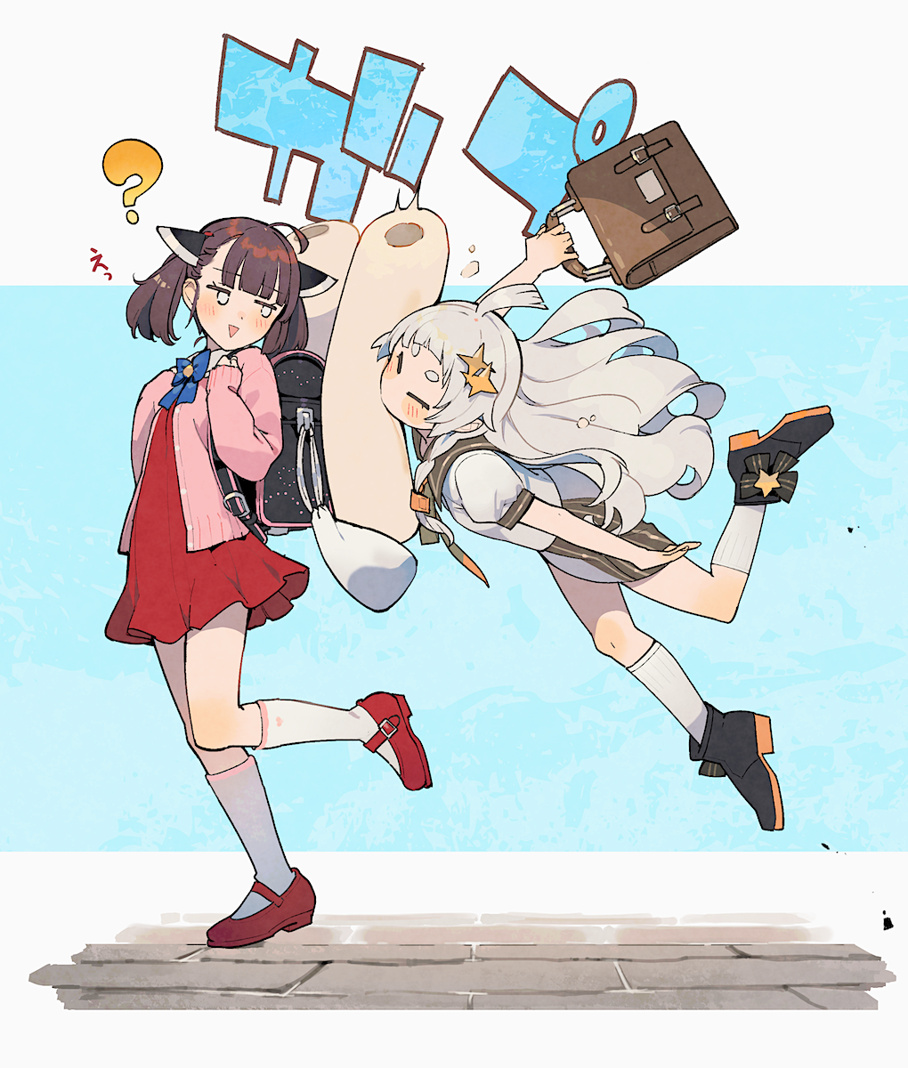 2girls ? a.i._voice ahoge backpack bag black_footwear blue_bow blue_bowtie blush bow bowtie brown_hair brown_sailor_collar camisole camisole_over_clothes commentary_request dress falling footwear_bow full_body grey_hair handbag headgear highres holding holding_bag kiritanpo_(food) kizuna_akari kizuna_akari_(tsubomi) kneehighs looking_at_another looking_back mary_janes multiple_girls pink_camisole puffy_short_sleeves puffy_sleeves red_dress red_footwear sailor_collar sailor_shirt school_bag shirinda_fureiru shirt shoes short_sleeves slipping socks sparkle_hair_ornament thick_eyebrows touhoku_kiritan triangle_mouth voiceroid white_shirt white_socks