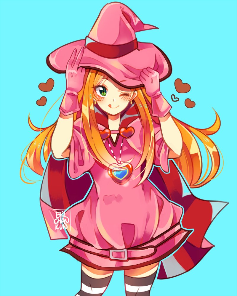 1girl belt blue_background blush chocolat_meilleure coll_(erichankun) commentary_request cowboy_shot dress gloves green_eyes hand_on_headwear heart heart_pendant long_hair looking_to_the_side magical_girl one_eye_closed orange_hair pink_dress pink_gloves pink_hat simple_background solo striped_clothes striped_thighhighs sugar_sugar_rune thigh-highs
