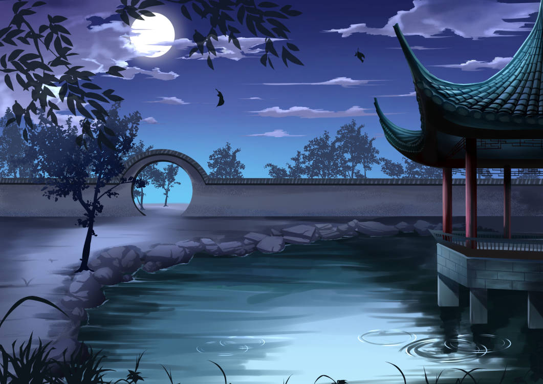 architecture blue_sky clouds east_asian_architecture falling_leaves full_moon gate gradient_sky grass leaf moon night night_sky no_humans original outdoors pond ripples ruoyux scenery sky tree