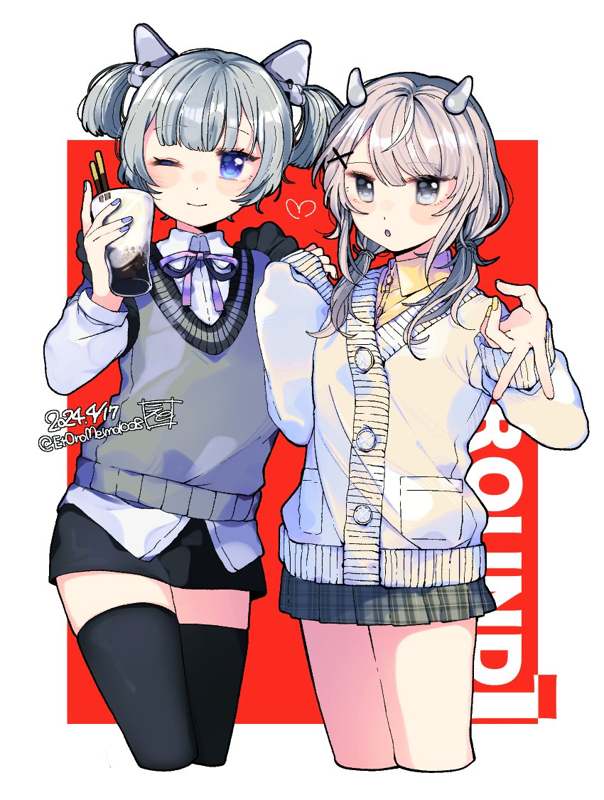 2girls alternate_costume blue_eyes cardigan collared_shirt cowboy_shot cup eto_(etonomemo1008) fake_horns grey_eyes grey_hair hair_ornament holding holding_cup horned_headwear horns i-201_(kancolle) i-36_(kancolle) kantai_collection long_hair long_sleeves microskirt multiple_girls one_eye_closed shirt skirt thigh-highs twintails vest white_cardigan x_hair_ornament
