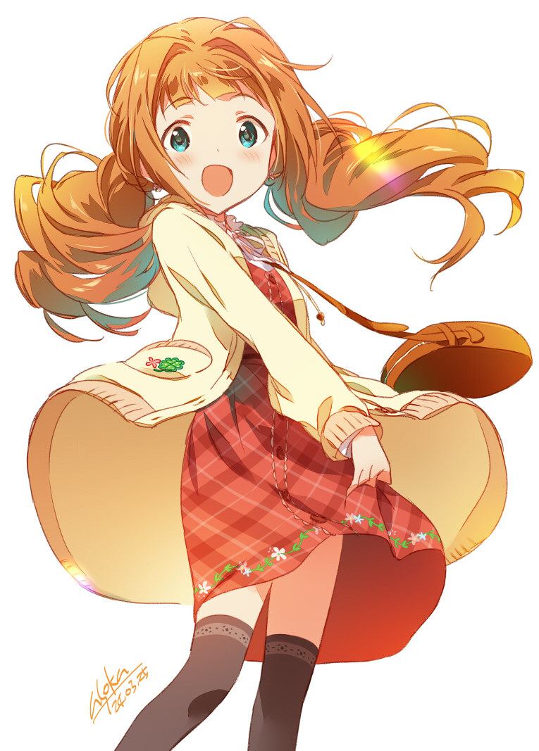 1girl asoka bag black_thighhighs blue_eyes blush cardigan dress floating_hair idolmaster idolmaster_(classic) long_hair looking_at_viewer open_cardigan open_clothes open_mouth orange_hair red_dress shoulder_bag simple_background smile solo takatsuki_yayoi thigh-highs twintails white_background