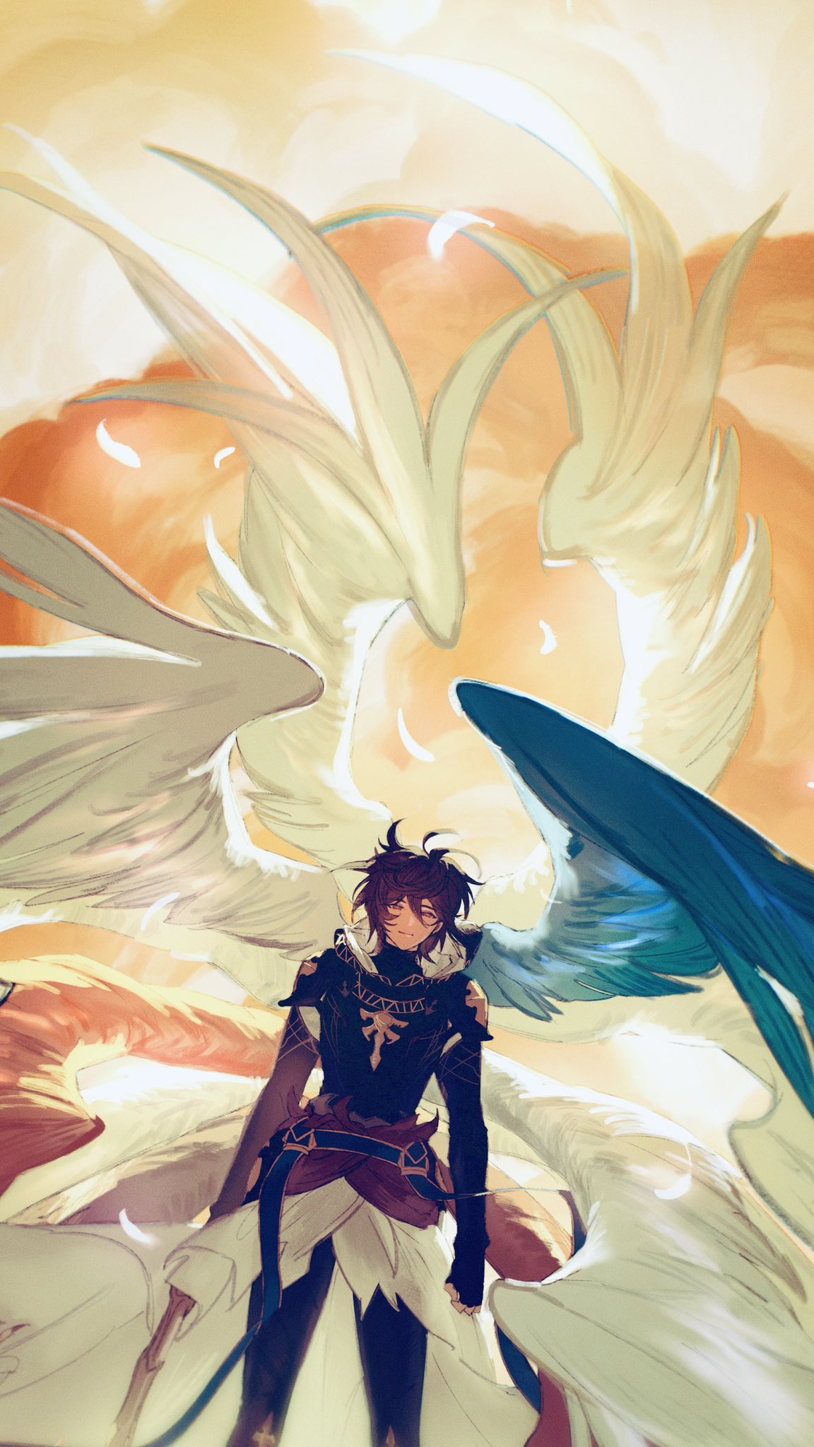 1boy ahoge armor arms_at_sides backlighting belt bishounen blue_belt blue_wings breastplate brown_hair brown_wings cape clouds cloudy_sky dawn facing_viewer falling_feathers feathered_wings feathers fingerless_gloves floating_clothes floating_hair gloves granblue_fantasy hair_between_eyes highres holding holding_sword holding_weapon hood hood_down light_smile looking_at_viewer male_focus messy_hair orange_sky red_eyes red_wings sandalphon_(granblue_fantasy) short_hair sky solo_focus sword t_of_game weapon white_cape white_wings wings