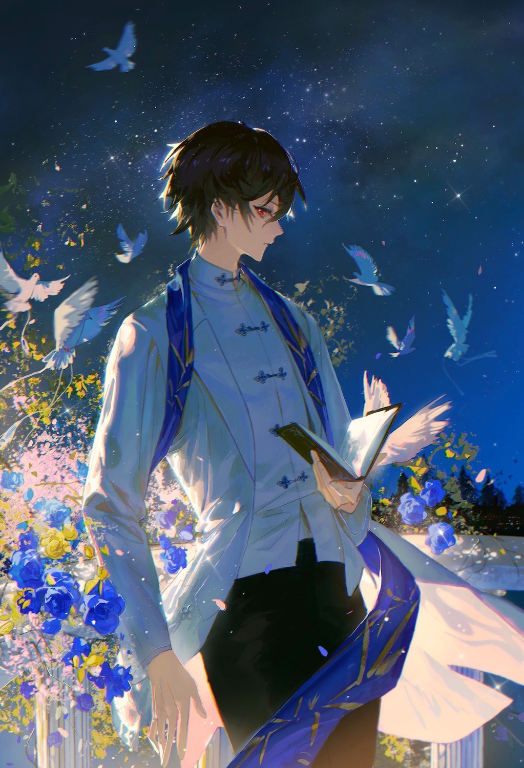 1boy arm_at_side ayn_alwyn bird black_hair black_pants blue_flower blue_rose book chinese_clothes closed_mouth coat cowboy_shot dove flower from_above hair_between_eyes highres holding holding_book long_sleeves looking_at_viewer lovebrush_chronicles male_focus night open_book open_clothes open_coat pants pink_flower profile railing red_eyes rose shirt short_hair sideways_glance sky solo standing star_(sky) starry_sky stole tangzhuang wanyou white_coat white_shirt wind yellow_flower