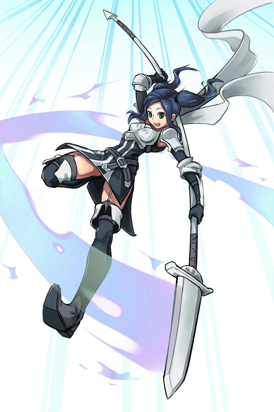 1girl armor belt black_gloves blue_hair boots breastplate commentary cynthia_(fire_emblem) fire_emblem fire_emblem_awakening from_below full_body garter_straps gloves green_eyes highres holding holding_polearm holding_weapon igalimax lance open_mouth polearm scarf shoulder_armor sky smile solo speed_lines thigh_boots twintails weapon white_scarf