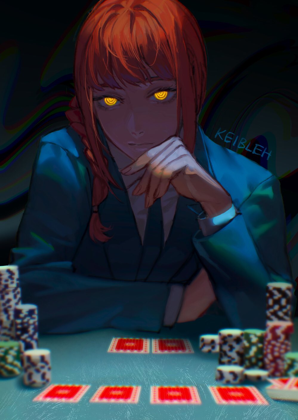 1girl blue_jacket blue_necktie blurry blurry_foreground card chainsaw_man closed_mouth glowing glowing_eyes hair_over_shoulder highres jacket keibleh looking_at_viewer makima_(chainsaw_man) necktie playing_card poker poker_chip pov_across_table redhead revision ringed_eyes shirt signature solo table white_shirt