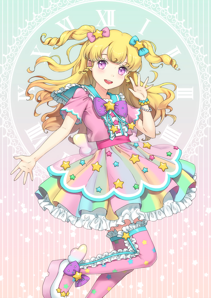 1girl :d blonde_hair blue_bow blue_sailor_collar bow bracelet clock commentary_request foot_out_of_frame frilled_skirt frills gradient_background hair_bow hair_ornament hand_up idol_clothes idol_time_pripara jewelry layered_skirt long_hair looking_at_viewer open_hand open_mouth pink_bow pink_footwear pink_shirt pink_thighhighs pretty_series pripara ringlets sailor_collar shirt shoes short_sleeves skirt smile solo standing standing_on_one_leg star_(symbol) star_hair_ornament star_print thigh-highs two_side_up unya_(unya-unya) violet_eyes yumekawa_yui