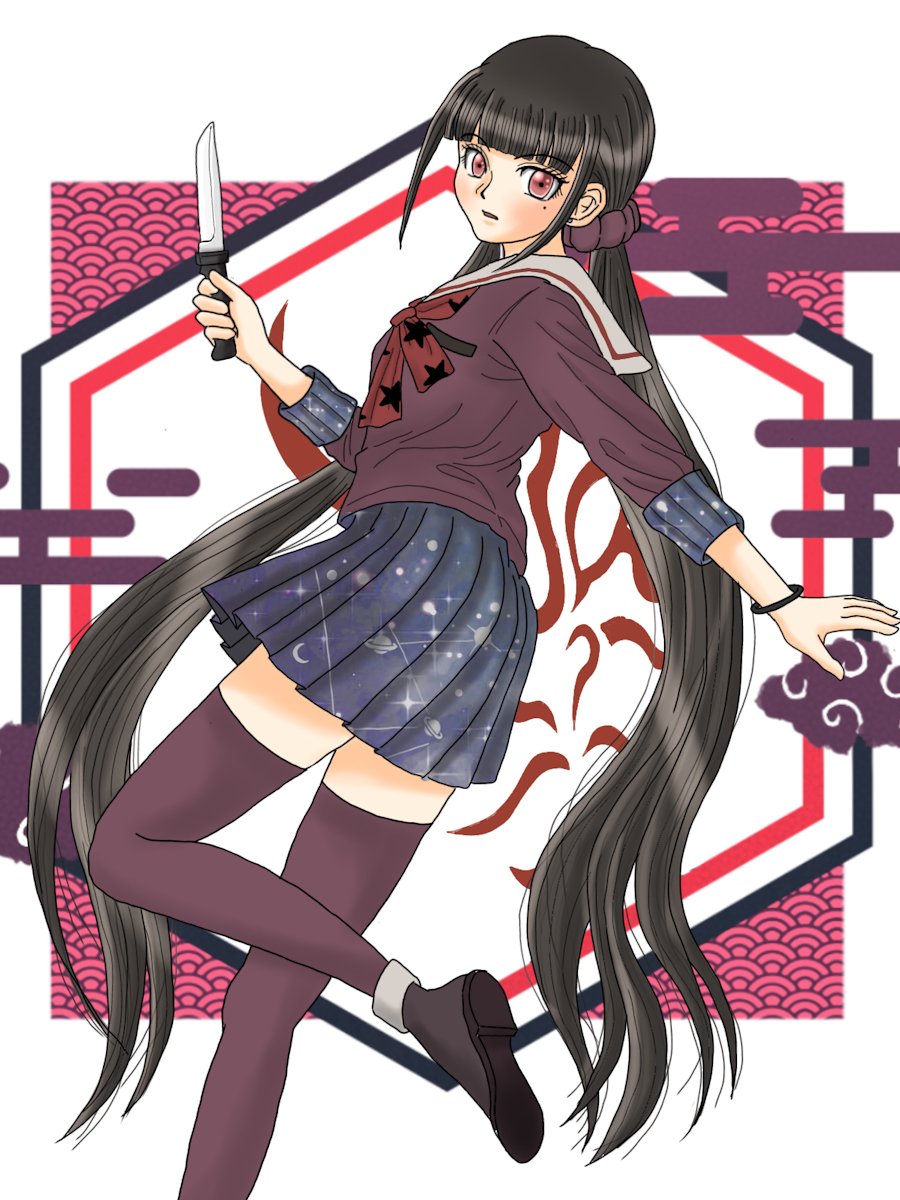1girl alternate_color alternate_costume black_footwear brown_hair danganronpa_(series) danganronpa_v3:_killing_harmony from_side hair_ornament hair_scrunchie harukawa_maki highres holding holding_knife knife long_hair looking_at_viewer looking_to_the_side low_twintails miniskirt mole mole_under_eye multicolored_background open_mouth red_eyes red_shirt red_thighhighs scrunchie shirt shoes skirt solo space_print starry_sky_print thigh-highs twintails udzuki_kanae white_background zettai_ryouiki