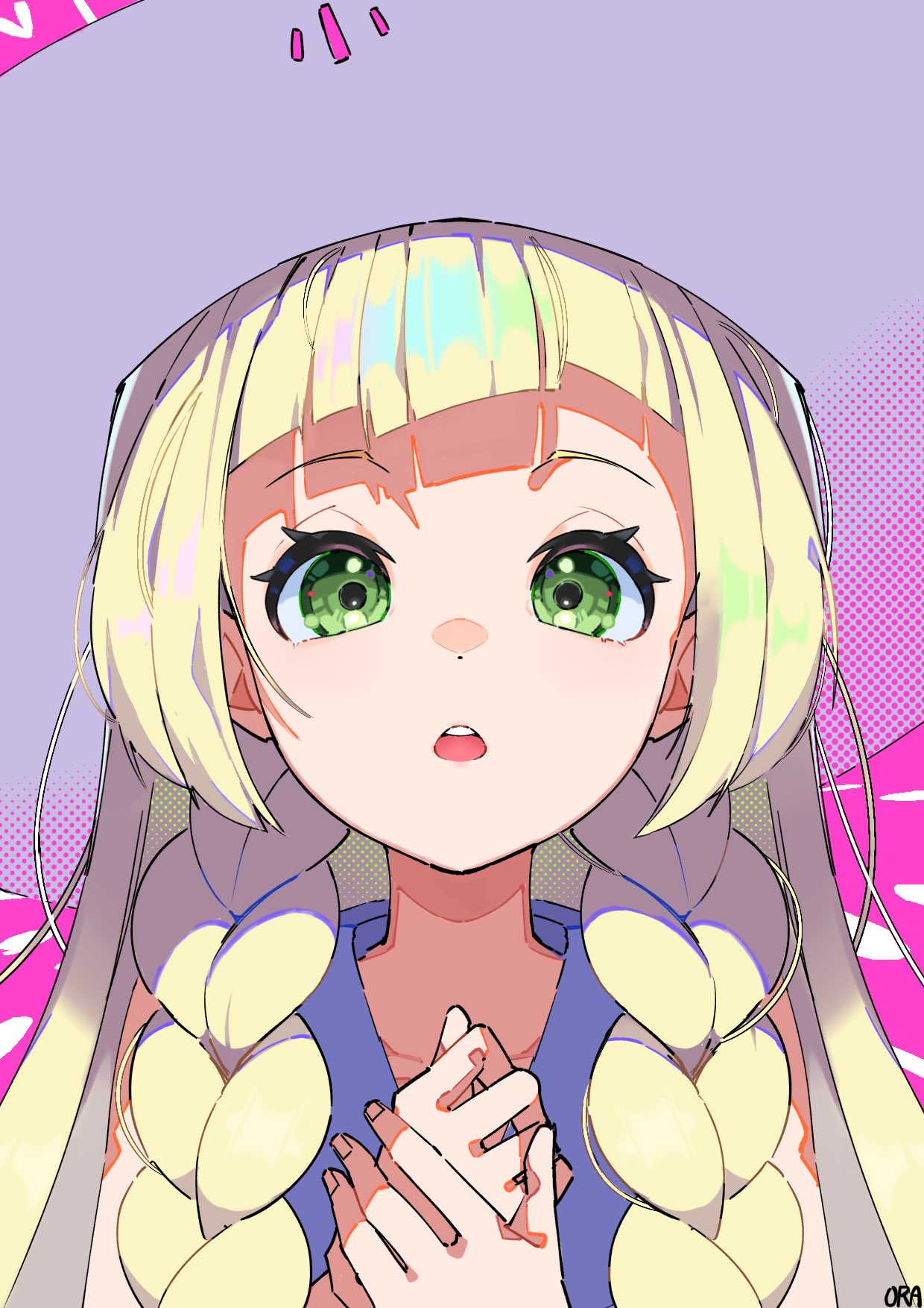 1girl :o blonde_hair braid collared_dress commentary_request dress eyelashes green_eyes hands_up hat highres kanimaru lillie_(pokemon) long_hair looking_at_viewer open_mouth pink_background pokemon pokemon_sm solo sun_hat teeth twin_braids upper_body upper_teeth_only