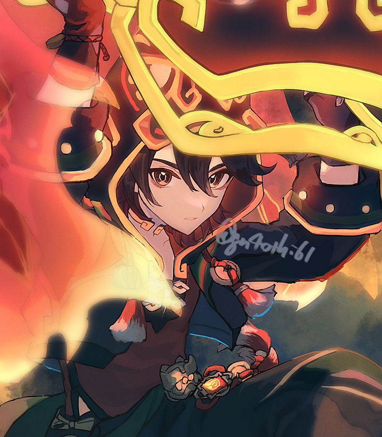 1boy arms_up artist_name black_gloves black_hoodie black_pants brown_eyes brown_hair cropped_hoodie drawstring fingerless_gloves fire gaming_(genshin_impact) genshin_impact gloves gold_trim hair_between_eyes hood hood_up hoodie jewelry lion_dance long_sleeves looking_at_viewer male_focus medium_hair multicolored_hair neck_ring open_clothes open_hoodie pants parted_lips red_shirt redhead shirt sidelocks sleeve_cuffs solo suitchi_(gn4othi61) tassel twitter_username two-tone_hair v-shaped_eyebrows vision_(genshin_impact)