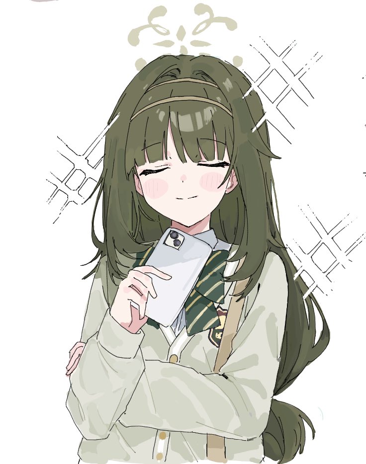 1girl blue_archive blush_stickers bow bowtie cellphone closed_eyes crossed_arms green_bow green_bowtie green_hair hairband halo haruharu_sensei holding holding_phone long_hair phone school_uniform smartphone smile solo striped_bow striped_bowtie striped_clothes tsumugi_(blue_archive)