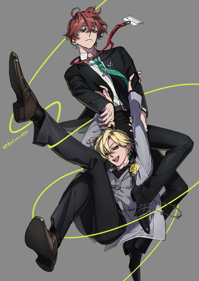 2boys arms_up black_footwear black_pants black_shirt black_suit blonde_hair brown_hair closed_mouth collared_shirt flower foot_up full_body grabbing_another's_arm green_eyes green_necktie grey_background grey_jacket grey_vest head_tilt hypnosis_mic izanami_hifumi jacket jewelry kannonzaka_doppo knees_up leaning_back light_frown looking_at_viewer looking_down male_focus mojisan_(ebimo) multiple_boys necktie pants parted_bangs ring rose shirt short_hair signature sitting smile striped_clothes suit teeth upper_teeth_only vest wavy_hair white_shirt yellow_eyes yellow_flower yellow_rose
