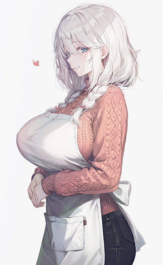 1girl apron argyle_clothes argyle_sweater blue_eyes braid breasts closed_mouth commentary_request denim from_side hair_over_shoulder heart kurono_mitsuki large_breasts long_hair looking_to_the_side mature_female original pants red_sweater smile solo sweater twin_braids white_apron white_background white_hair