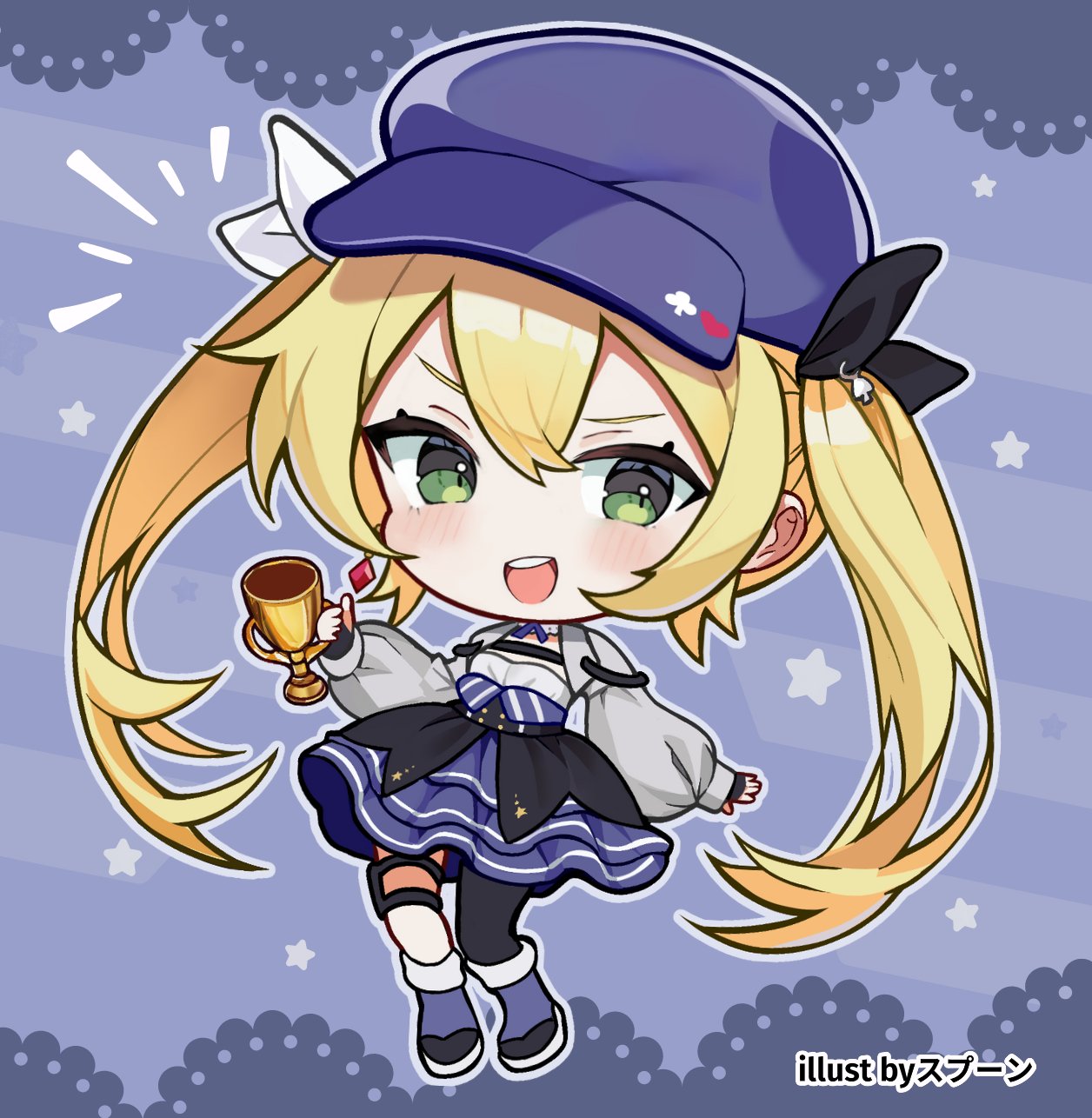 1girl black_gloves black_thighhighs blonde_hair blue_hat blue_skirt chibi cropped_jacket dokibird_(vtuber) fingerless_gloves gloves green_eyes highres holding holding_trophy indie_virtual_youtuber jacket looking_at_viewer open_mouth single_thighhigh skirt smile solo spoonillust teeth thigh-highs thigh_strap trophy twintails upper_teeth_only virtual_youtuber white_jacket
