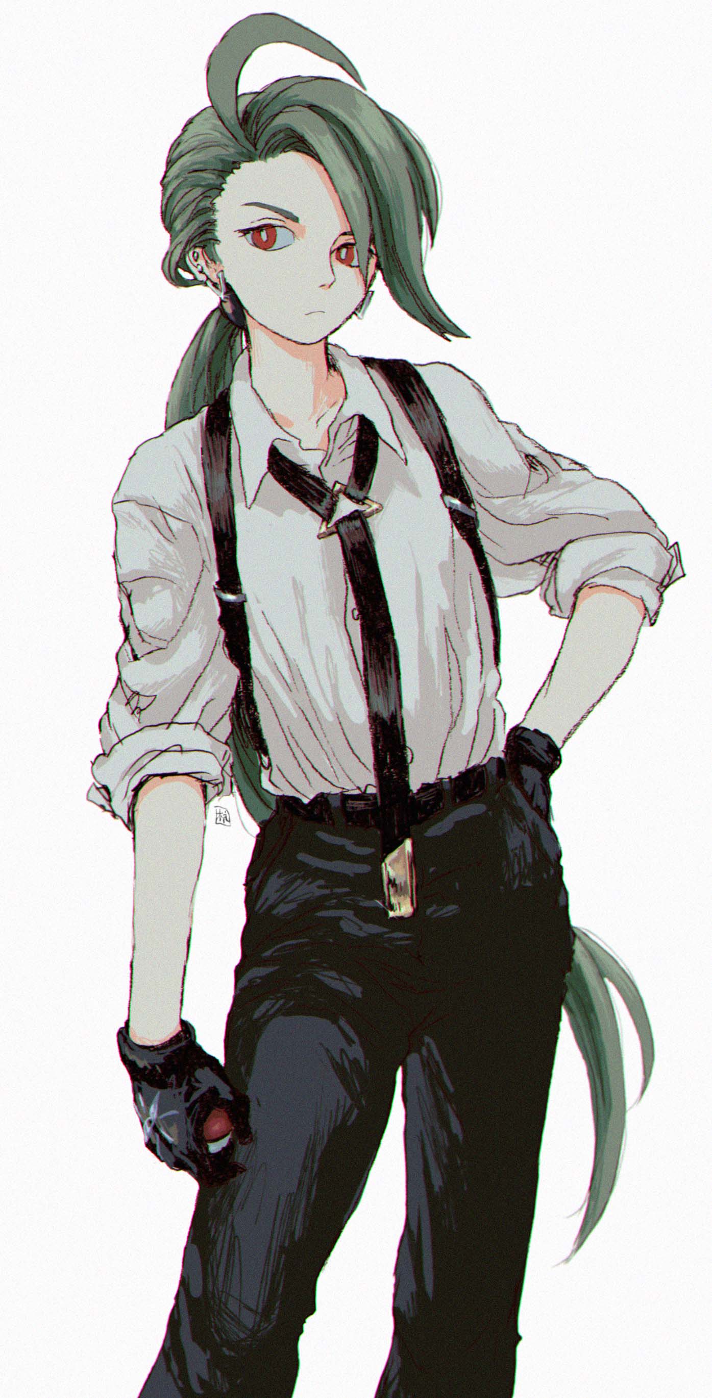 1girl absurdres ahoge androgynous arm_at_side black_gloves black_necktie black_pants bright_pupils collared_shirt expressionless feet_out_of_frame gloves green_hair hand_on_own_hip highres holding holding_poke_ball long_hair looking_at_viewer low_ponytail necktie pants poke_ball pokemon pokemon_sv ponytail red_eyes reverse_trap rika_(pokemon) shirt shirt_tucked_in simple_background solo standing suspenders swept_bangs ttanne white_background white_pupils white_shirt