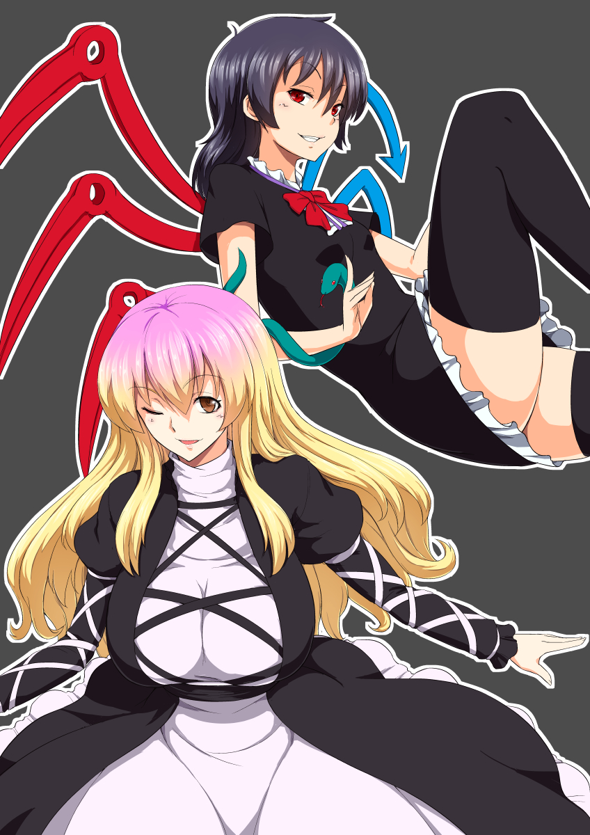 :d ;d asymmetrical_wings balck_dress black_background black_hair black_thighhighs blonde_hair blue_wings bow bowtie breasts center_frills commentary cross-laced_clothes dress frilled_dress frills gradient_hair highres hijiri_byakuren houjuu_nue juliet_sleeves kakone large_breasts long_sleeves medium_hair multicolored_hair one_eye_closed outline puffy_sleeves purple_hair red_bow red_bowtie red_eyes red_wings sidelocks simple_background smile snake_armband thigh-highs touhou white_outline wings