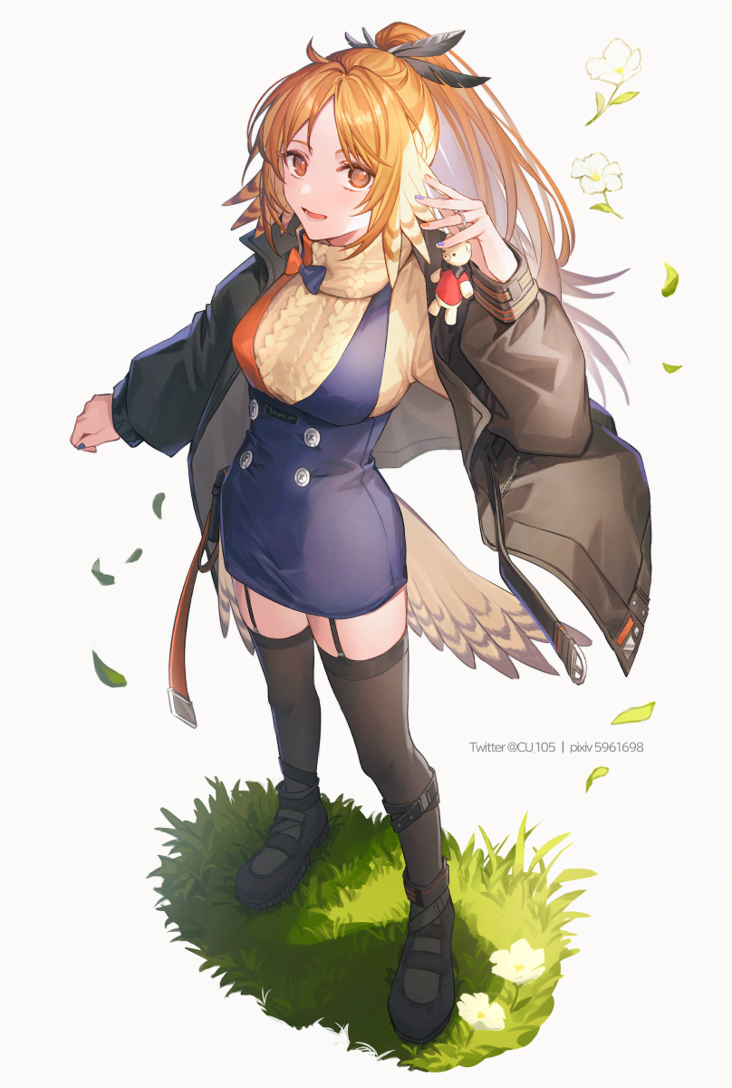 1girl aran_sweater arknights bird_tail black_footwear black_jacket black_thighhighs blue_nails blue_skirt breasts buttons cable_knit coyucom feather_hair feather_hair_ornament feathers flower full_body garter_straps grass hair_ornament highres jacket long_hair looking_at_viewer medium_breasts mole mole_under_eye multicolored_nails open_clothes open_jacket orange_eyes orange_hair orange_nails pinecone_(arknights) pixiv_id ponytail revision shoes simple_background skirt solo standing suspender_skirt suspenders sweater tail thigh-highs twitter_username white_background white_flower