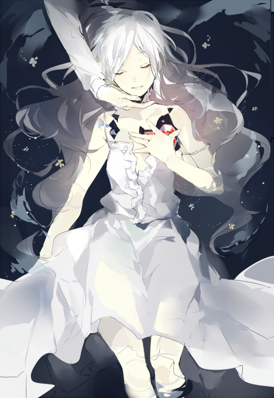 1girl 1other afloat black_background closed_eyes closed_mouth cracked_skin dress hand_on_another's_face long_hair original out_of_frame partially_submerged prin_dog smile solo_focus water white_dress white_hair