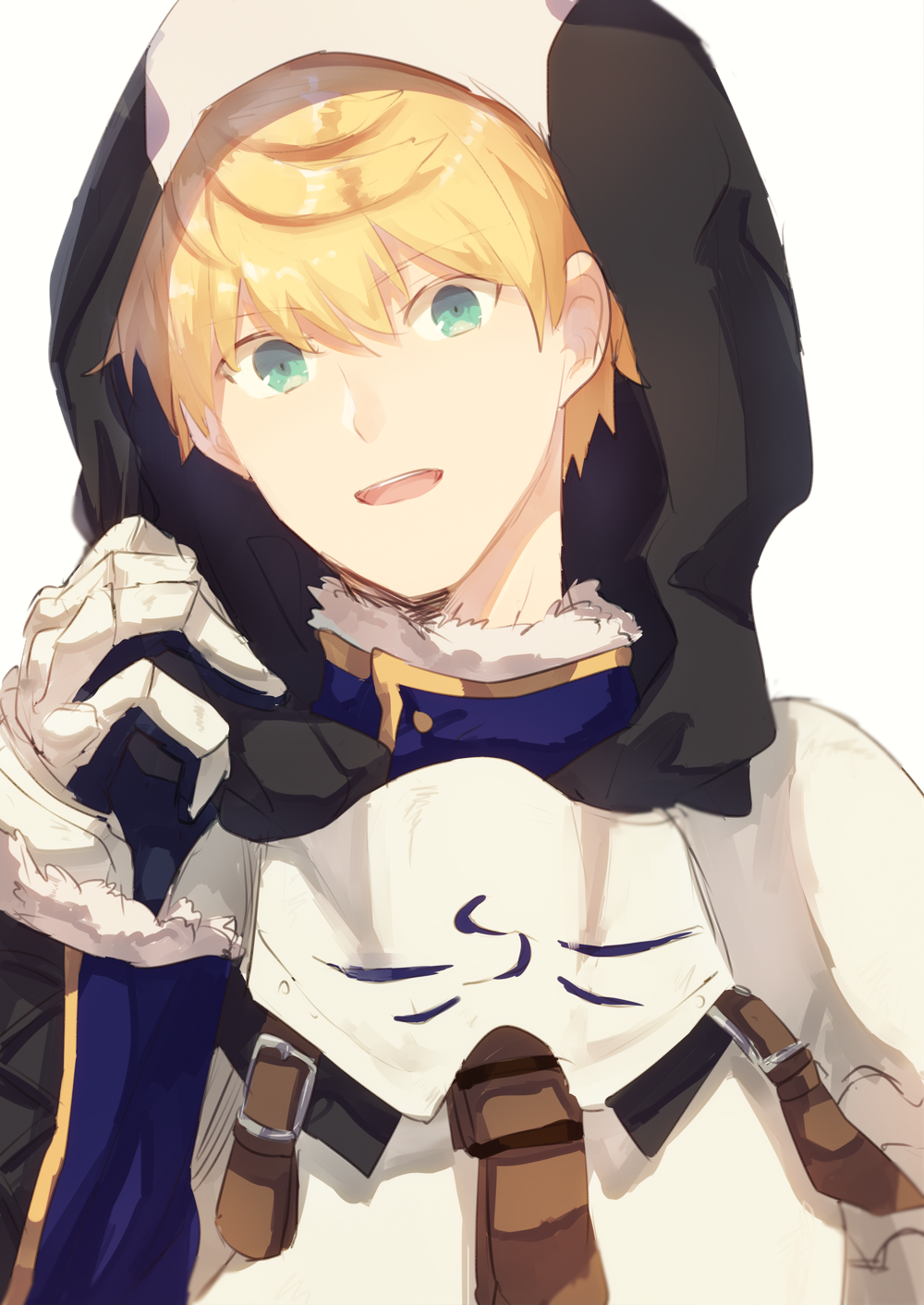 1boy armor arthur_pendragon_(fate) blonde_hair breastplate ebi_(6_5) fate/grand_order fate_(series) fur_trim gauntlets gloves green_eyes hair_between_eyes hand_up highres hood hood_up long_sleeves looking_at_viewer male_focus open_mouth short_hair simple_background smile solo teeth upper_body upper_teeth_only white_background