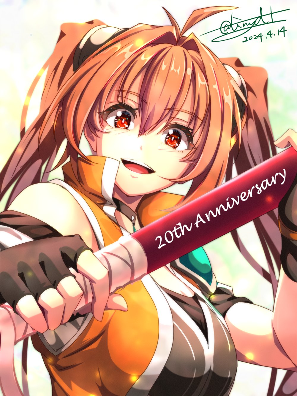 1girl ahoge anniversary antenna_hair bare_shoulders black_gloves breasts brown_hair choker dated double-parted_bangs eiyuu_densetsu english_text estelle_bright fingerless_gloves gloves hair_between_eyes hajimari_no_kiseki highres holding holding_staff holding_weapon large_breasts long_hair looking_at_viewer pendant_choker red_eyes sen_no_kiseki sen_no_kiseki_iv signature simple_background sleeveless smile solo staff tinybiard twintails twitter_username upper_body weapon