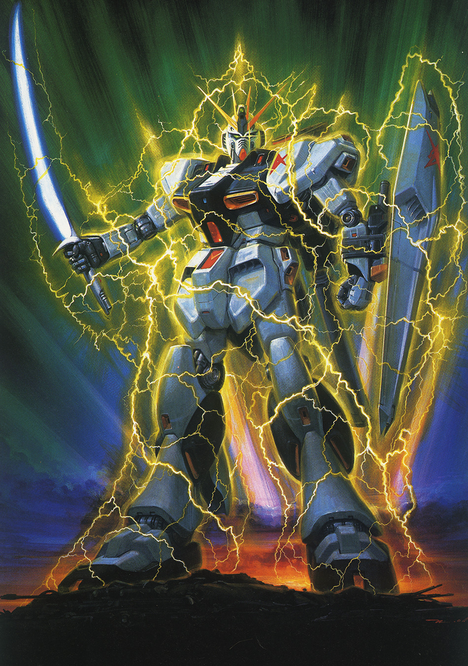 1980s_(style) artist_request battle beam_saber char's_counterattack gundam highres looking_at_viewer machinery mecha mecha_focus mobile_suit no_humans nu_gundam official_art painting_(medium) production_art promotional_art redesign retro_artstyle robot scan science_fiction shield traditional_media v-fin weapon