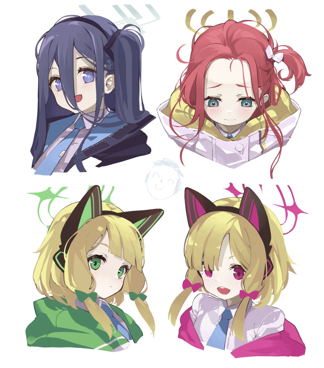 4girls animal_ear_headphones animal_ears aris_(blue_archive) blonde_hair blue_archive blue_eyes blue_hair blue_necktie blush cat_ear_headphones collared_shirt cropped_head doodle_sensei_(blue_archive) double-parted_bangs fake_animal_ears forehead game_development_department_(blue_archive) green_eyes halo headphones highres jacket loah_66 long_hair long_hair_between_eyes looking_at_viewer medium_hair midori_(blue_archive) momoi_(blue_archive) multiple_girls necktie off_shoulder one_side_up open_clothes open_jacket pink_eyes redhead ringed_eyes round_teeth sensei_(blue_archive) shirt teeth white_background white_shirt yuzu_(blue_archive)