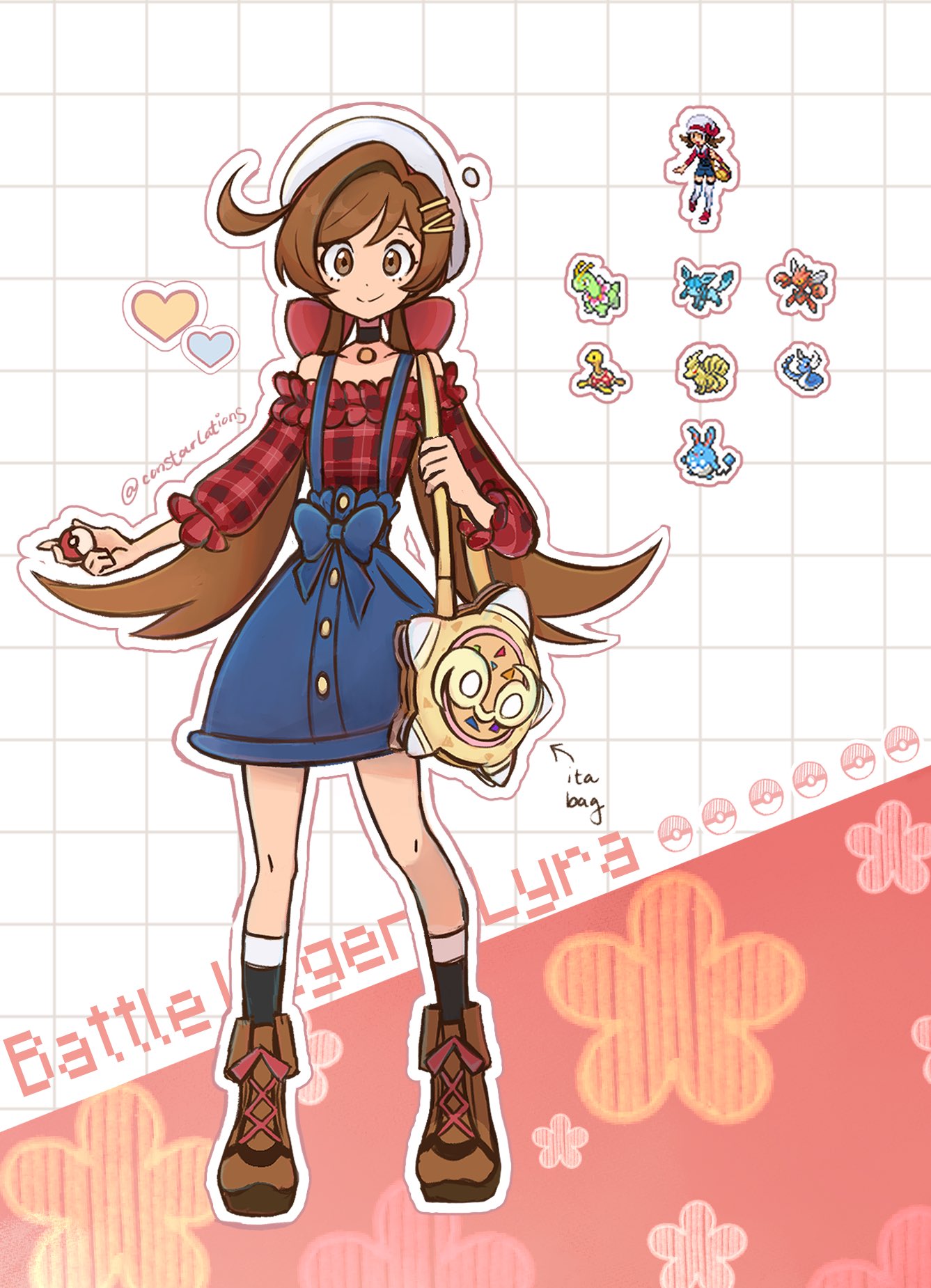 1girl aged_up azumarill beret black_choker black_socks blue_skirt boots brown_eyes brown_footwear brown_hair buttons character_name choker closed_mouth commentary constarlations dragonair glaceon hair_ornament hairclip hat heart highres holding holding_poke_ball holding_strap long_hair lyra_(pokemon) meganium minior ninetales off-shoulder_shirt off_shoulder plaid plaid_shirt poke_ball poke_ball_(basic) pokemon pokemon_hgss red_shirt scizor shirt shuckle skirt smile socks sprite suspenders twintails