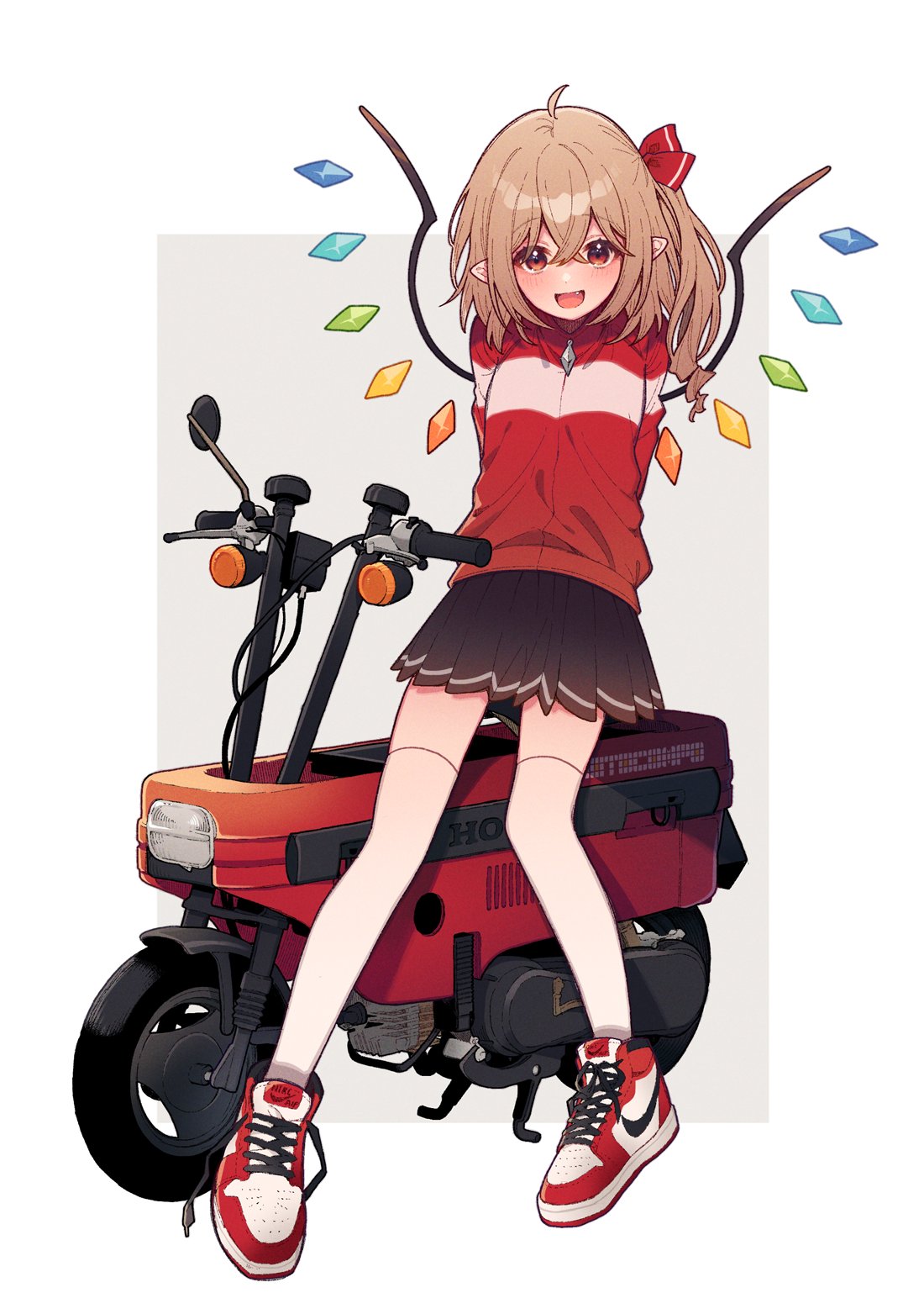 1girl alternate_costume arms_behind_back black_skirt blonde_hair breasts crossed_bangs fang flandre_scarlet full_body hair_between_eyes head_tilt highres honda_motocompo long_sleeves looking_at_viewer medium_hair miniskirt nike_(company) nike_air_force_1 no_headwear one_side_up open_mouth pleated_skirt pointy_ears red_eyes red_footwear red_track_suit shoelaces shoes skirt small_breasts sneakers solo thigh-highs touhou touya_(konpekitou) white_thighhighs