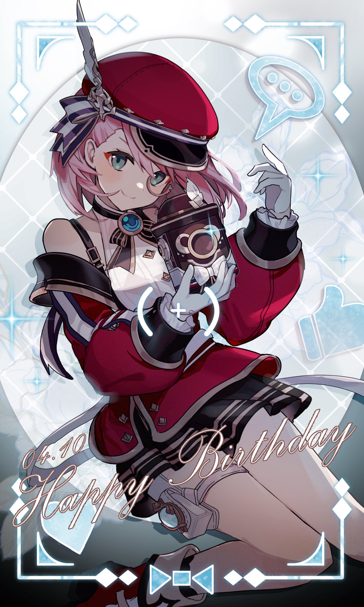 1girl aqua_eyes bare_shoulders black_skirt camera charlotte_(genshin_impact) closed_mouth dated detached_sleeves english_text genshin_impact gloves hand_up happy_birthday highres holding holding_camera long_sleeves looking_at_viewer merry-san pink_hair red_footwear red_hat short_hair skirt smile solo white_gloves