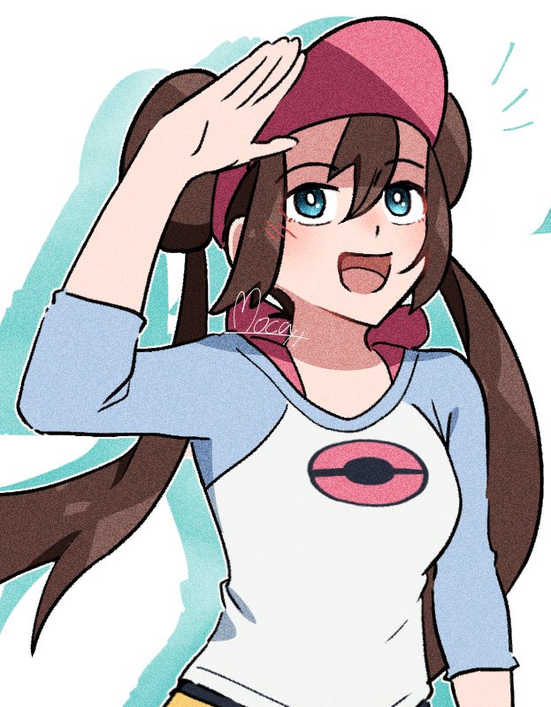 1girl :d aqua_eyes arm_up blush bright_pupils brown_hair commentary_request double_bun hair_between_eyes hair_bun happy long_hair mocacoffee_1001 open_mouth pantyhose pokemon pokemon_bw2 raglan_sleeves rosa_(pokemon) shirt signature sleeves_past_elbows smile solo tongue twintails upper_body visor_cap white_pupils